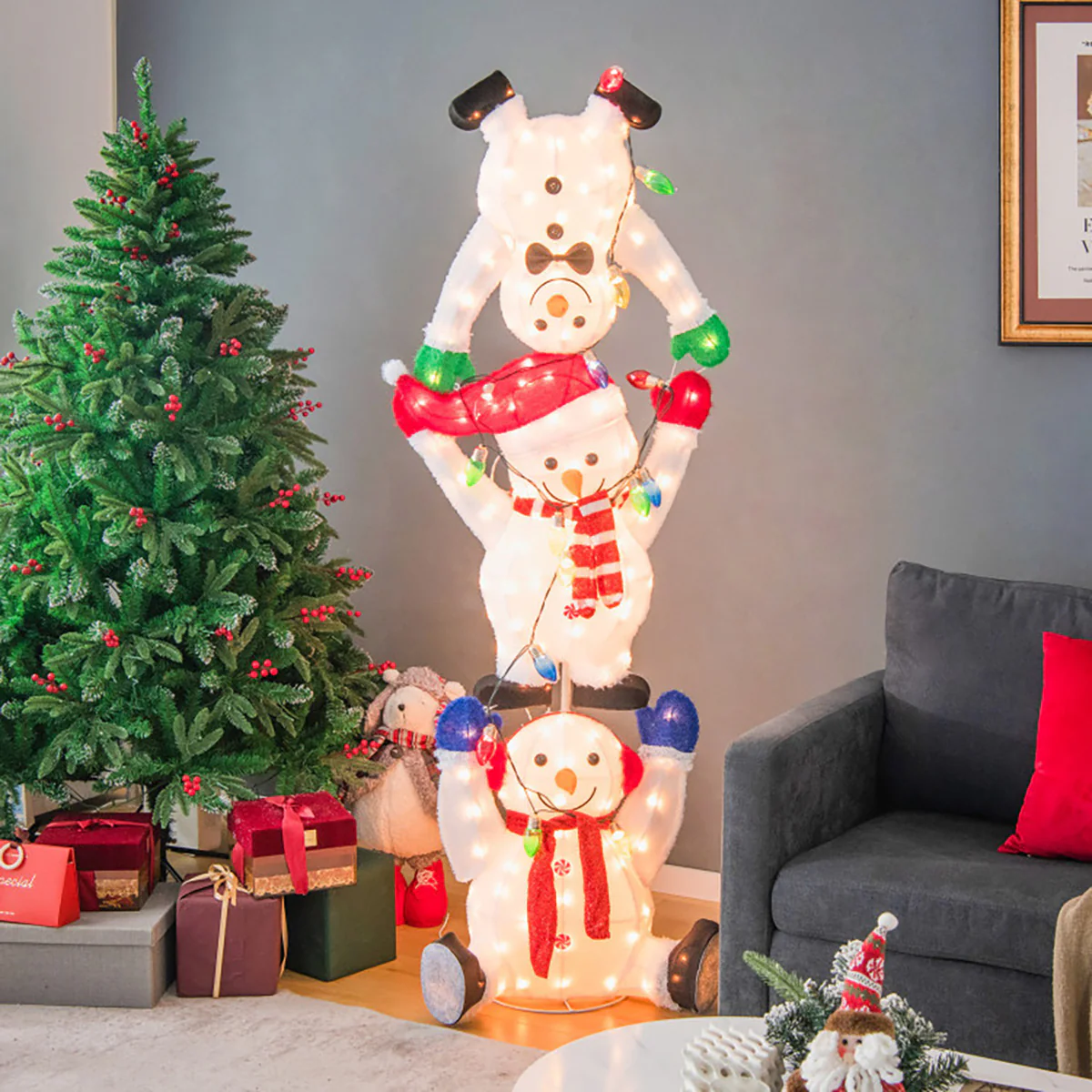 5.6' Pre-Lit Lighted Stacked Snowmen Decoration - Image 5