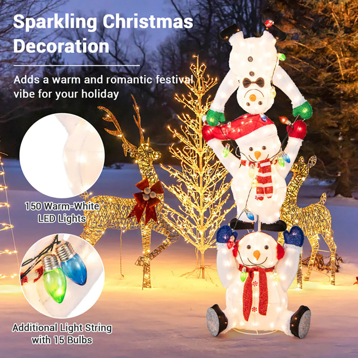 5.6' Pre-Lit Lighted Stacked Snowmen Decoration - Image 6