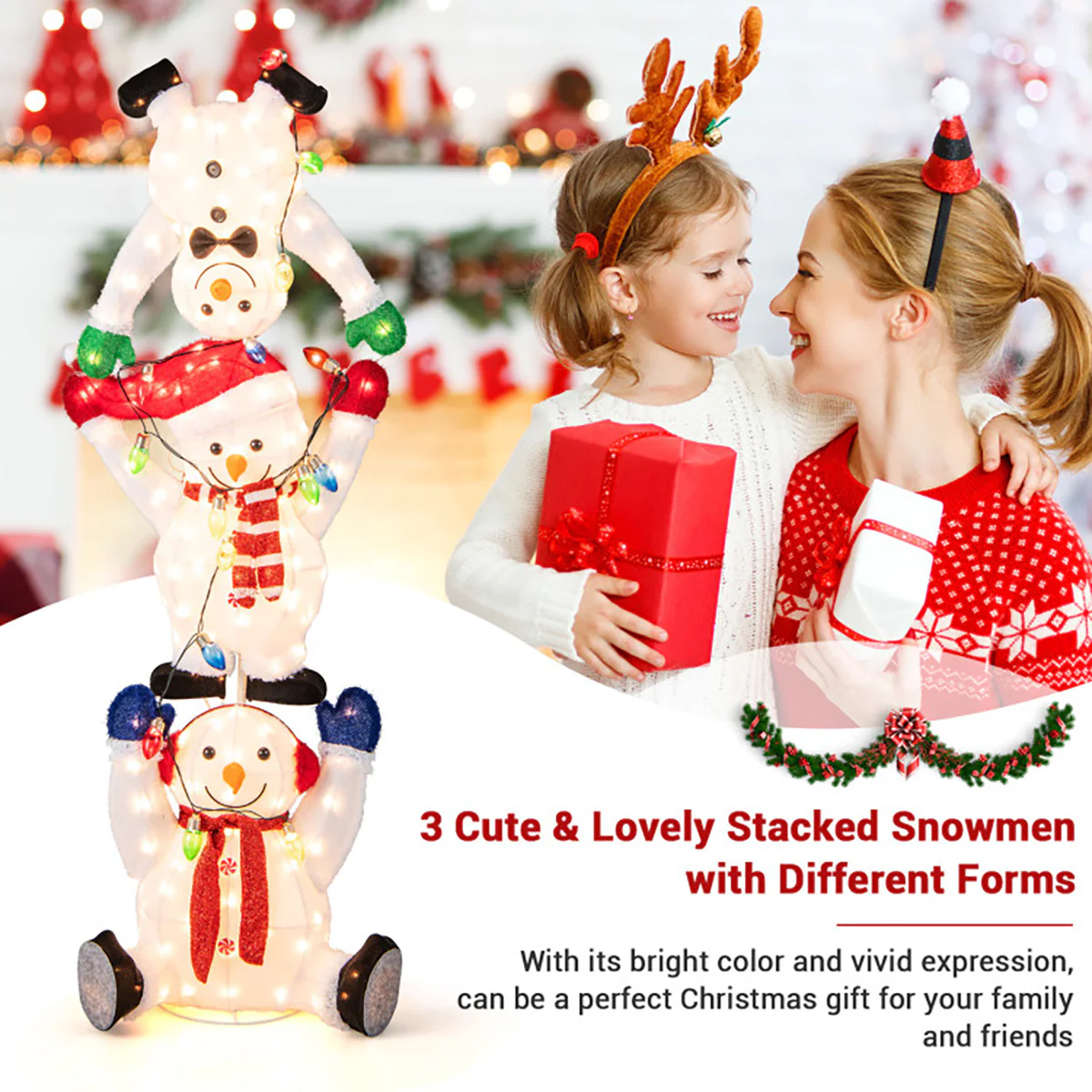 5.6' Pre-Lit Lighted Stacked Snowmen Decoration - Image 7