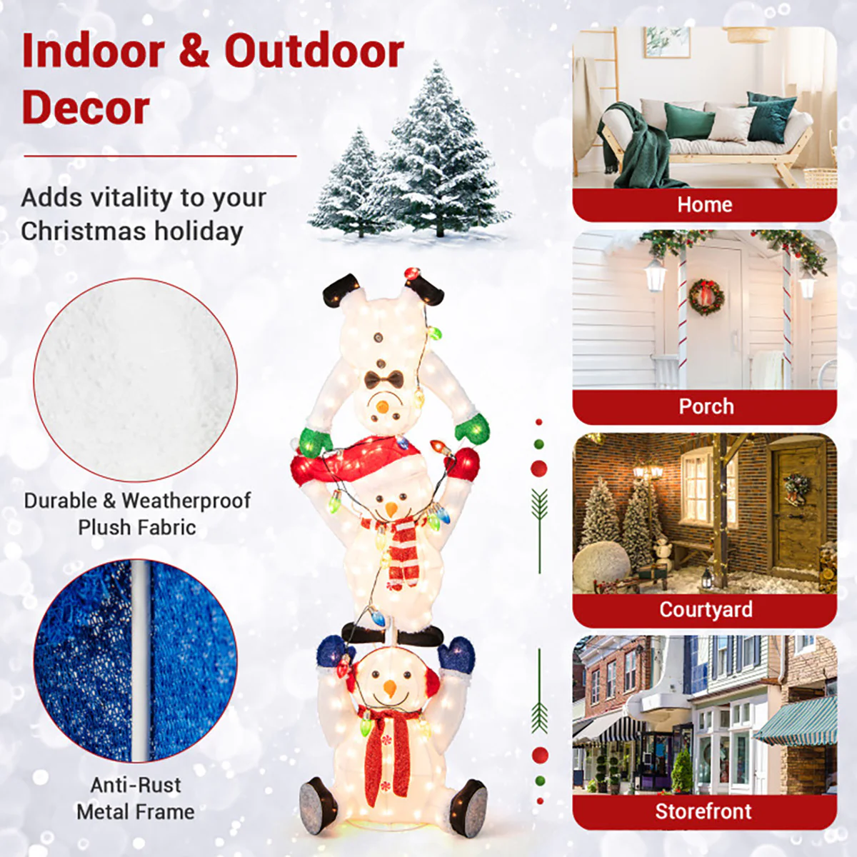 5.6' Pre-Lit Lighted Stacked Snowmen Decoration - Image 8