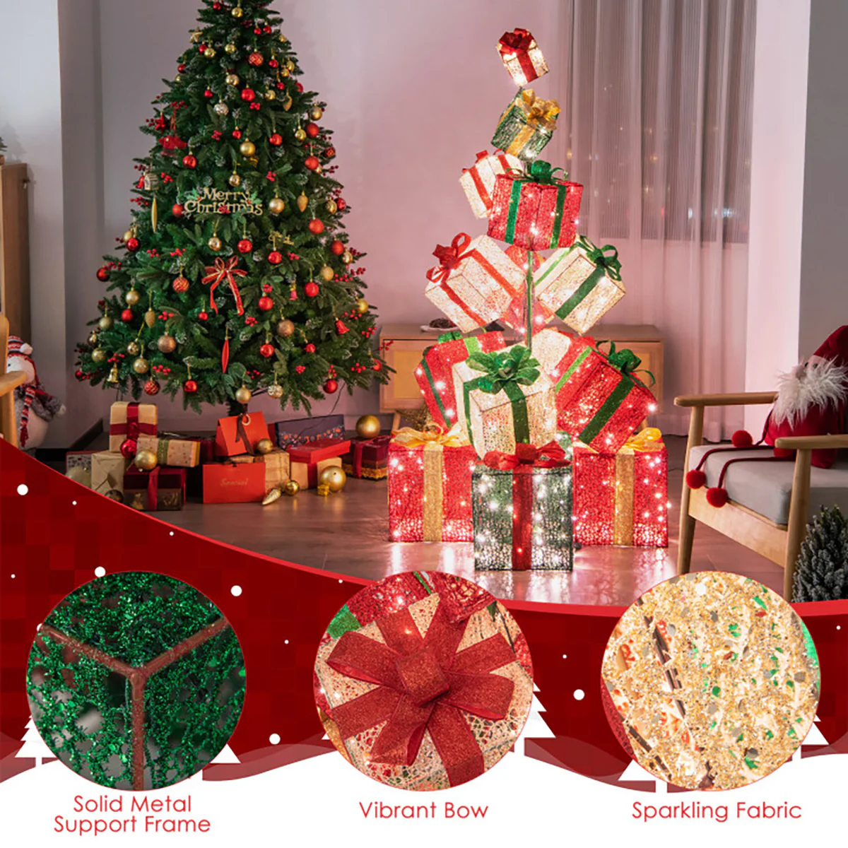 5.6' Pre-Lit Stacked Christmas Gift Box Tower - Image 10