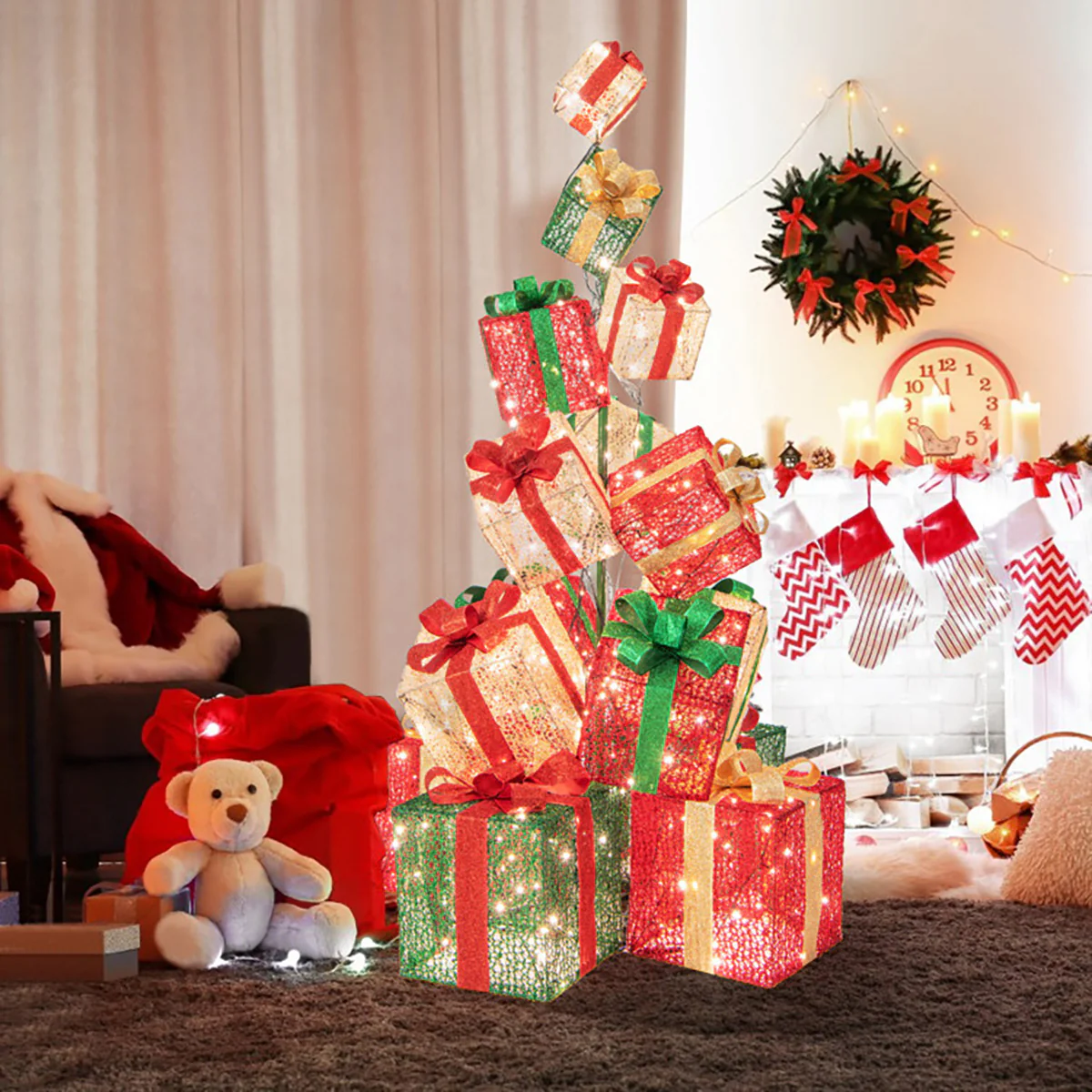 5.6' Pre-Lit Stacked Christmas Gift Box Tower - Image 3
