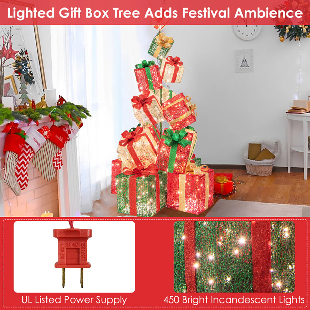 5.6' Pre-Lit Stacked Christmas Gift Box Tower - Image 6