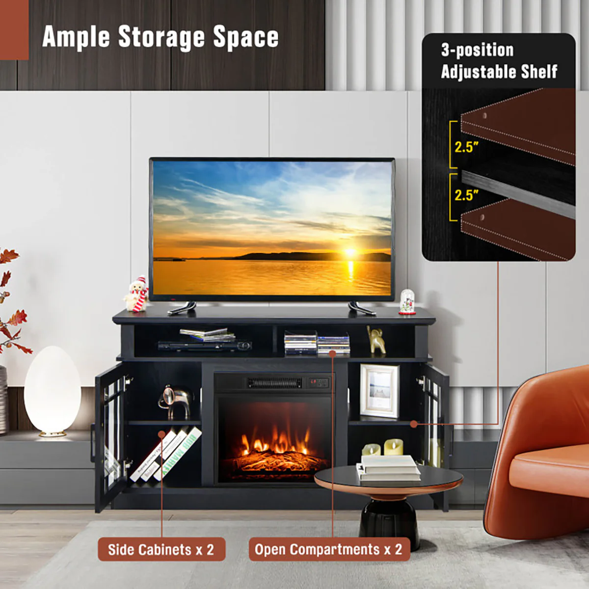 58'' Fireplace TV Stand with Adjustable Shelves - Image 14