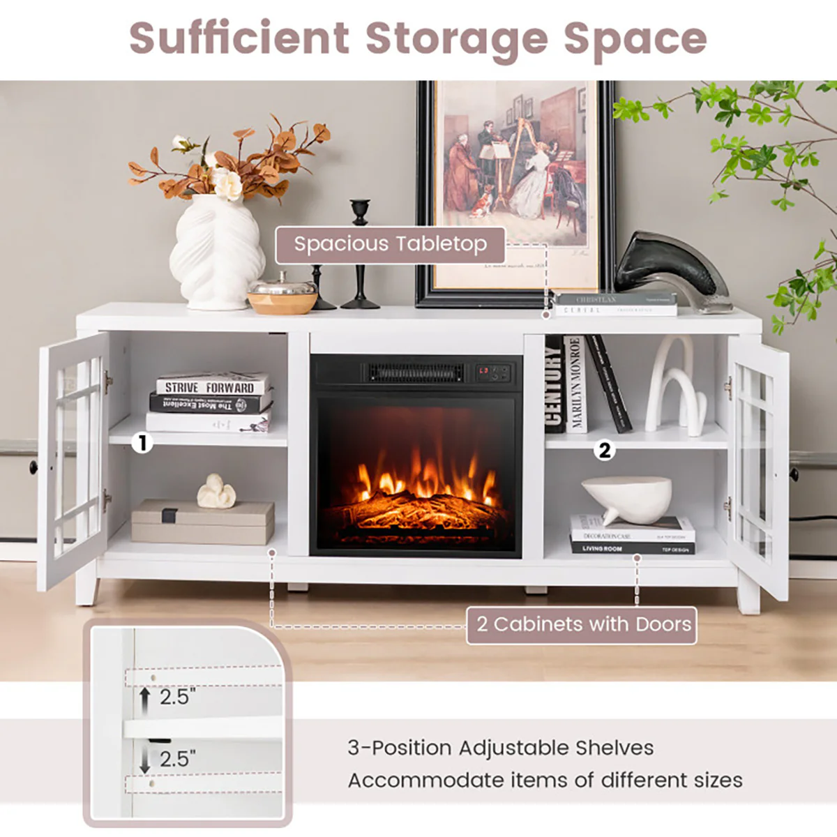 58'' Fireplace TV Stand with Adjustable Shelves - Image 23