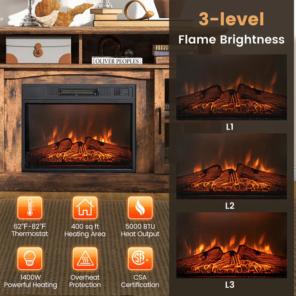 58'' Fireplace TV Stand with Side Cabinets - Image 14
