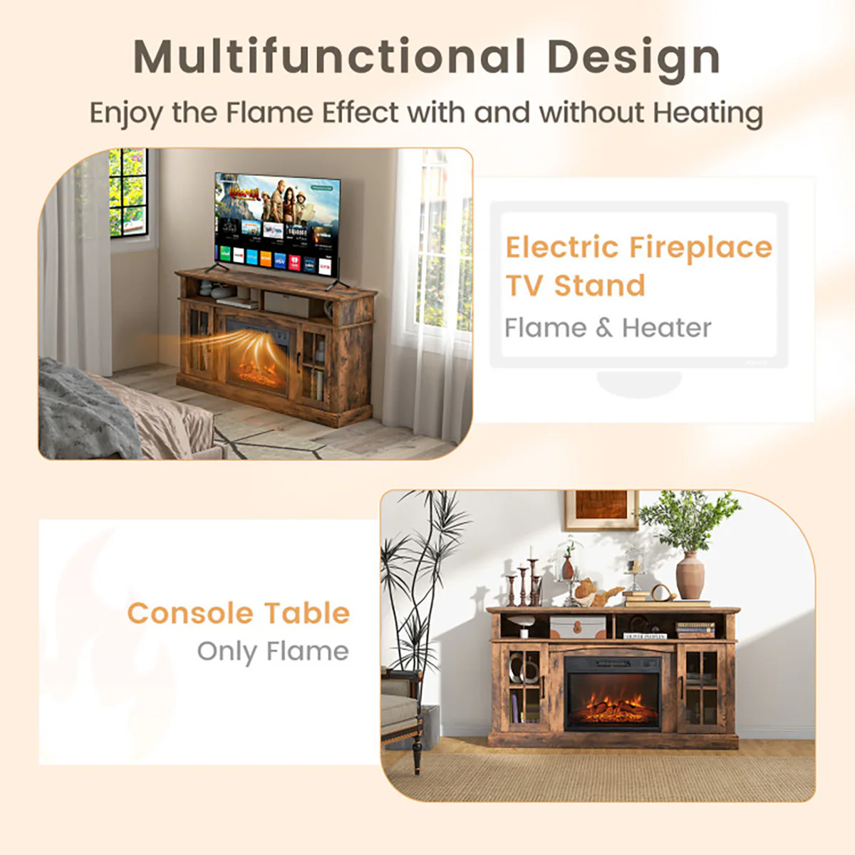 58'' Fireplace TV Stand with Side Cabinets - Image 16