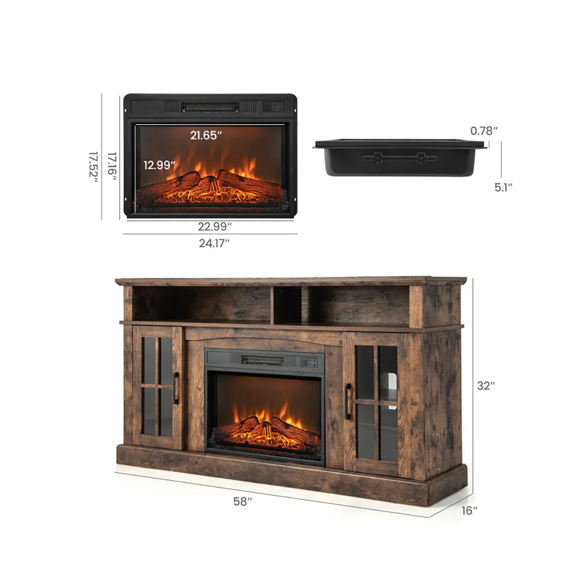 58'' Fireplace TV Stand with Side Cabinets - Image 19
