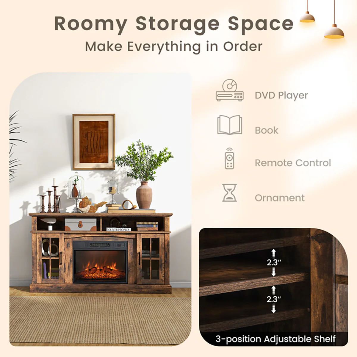 58'' Fireplace TV Stand with Side Cabinets - Image 20
