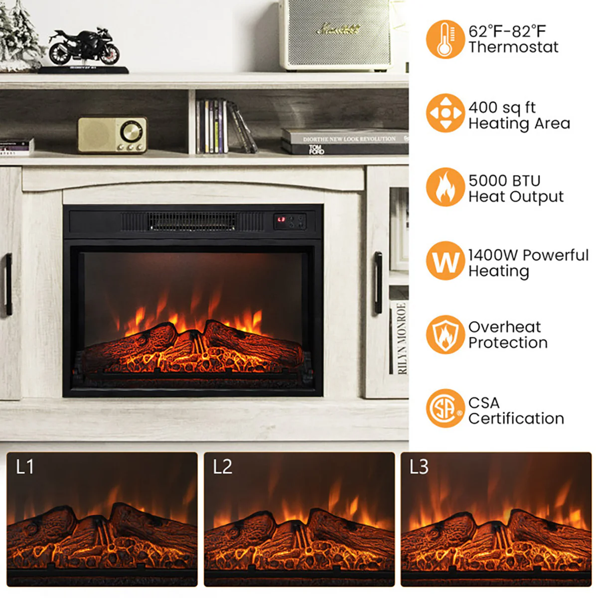 58'' Fireplace TV Stand with Side Cabinets - Image 24