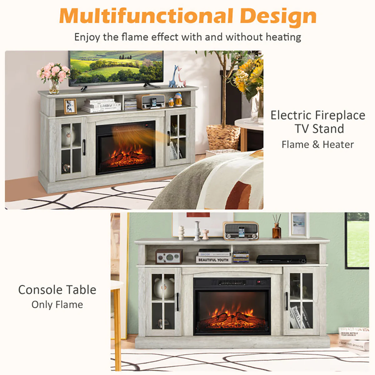 58'' Fireplace TV Stand with Side Cabinets - Image 25