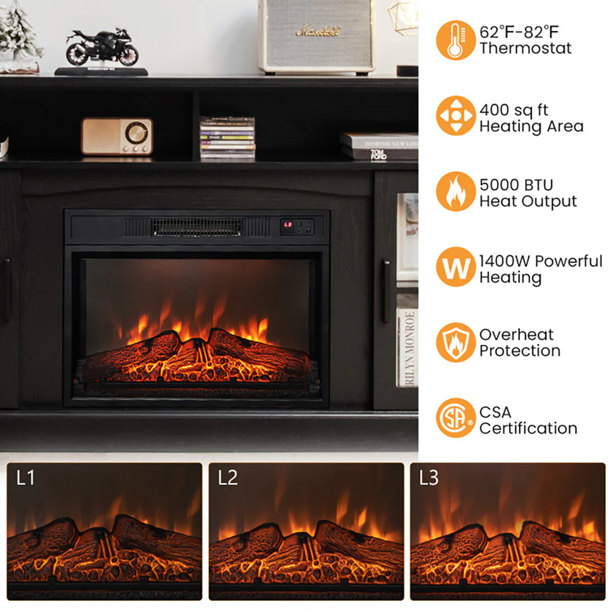 58'' Fireplace TV Stand with Side Cabinets - Image 32