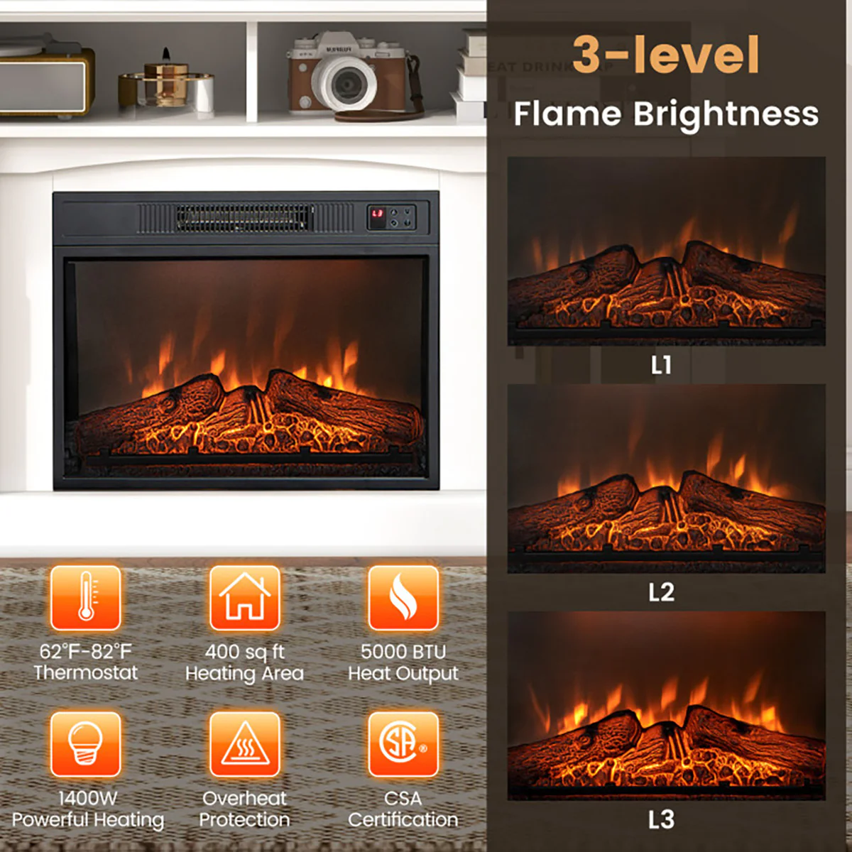 58'' Fireplace TV Stand with Side Cabinets - Image 4