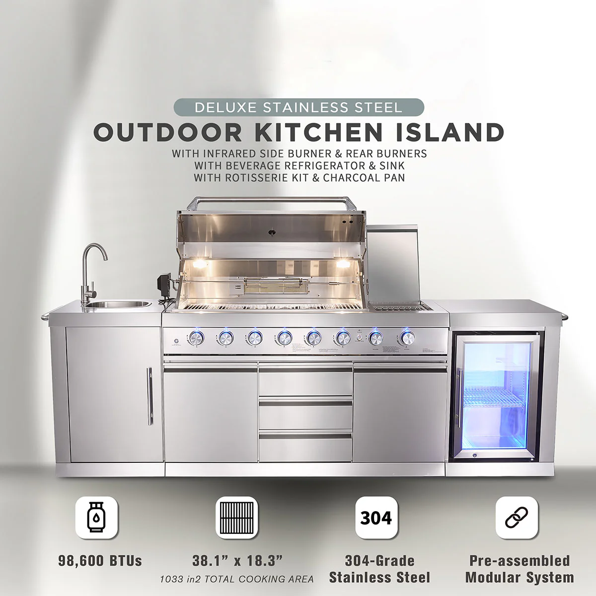 6-Burner Propane Gas Grill Island with Rotisserie and Outdoor Refrigerator - Image 7