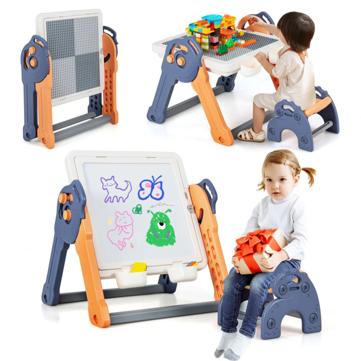 6-in-1 Folding Kids Art Easel with Building Block Tabletop - Image 2