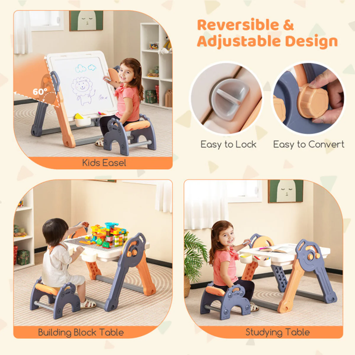 6-in-1 Folding Kids Art Easel with Building Block Tabletop - Image 4