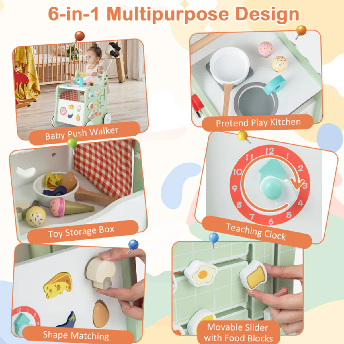6-in-1 Wooden Push Walker Play Kitchen - Image 3