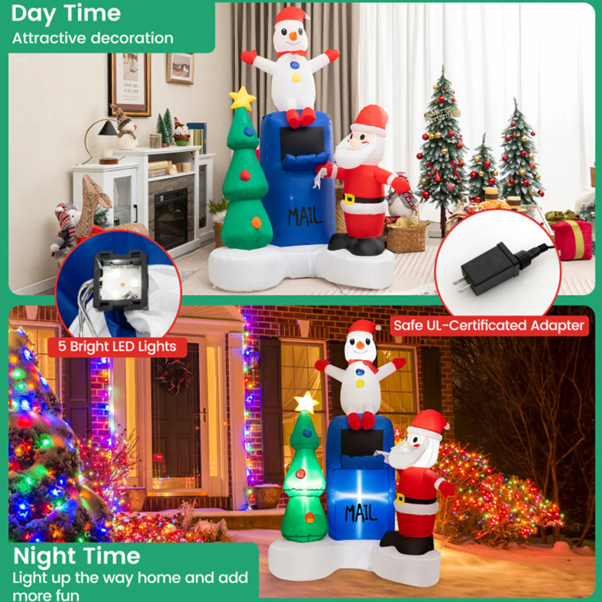 6' Inflatable Christmas Mailbox Santa and Snowman - Image 4
