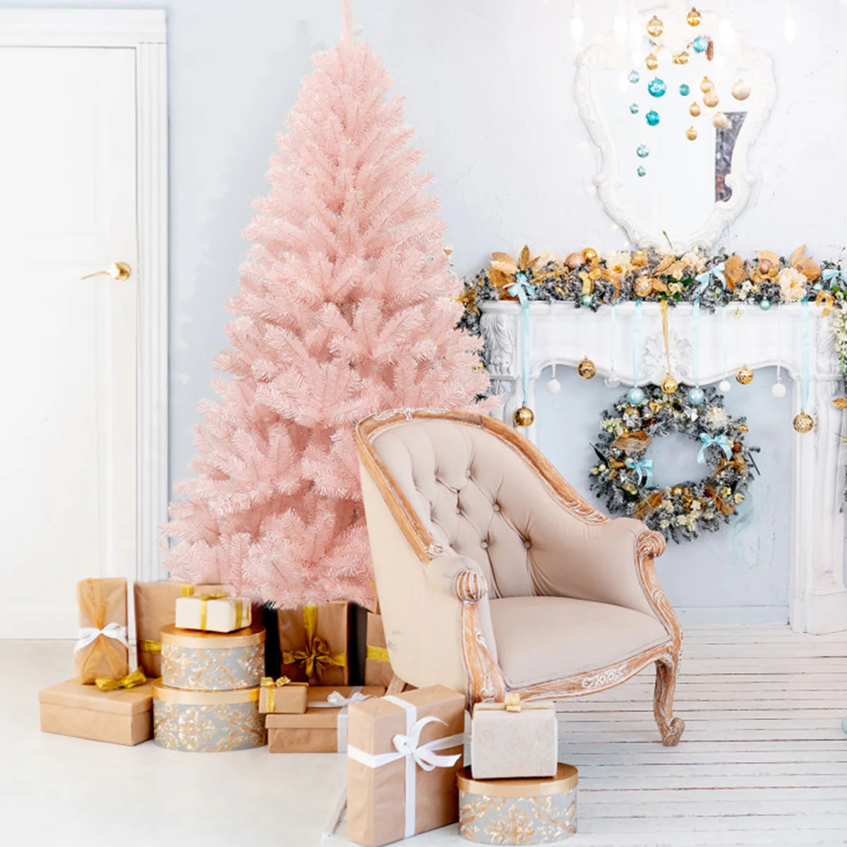6' Pink Pre-Lit Artificial Hinged Fur Christmas Tree - Image 10