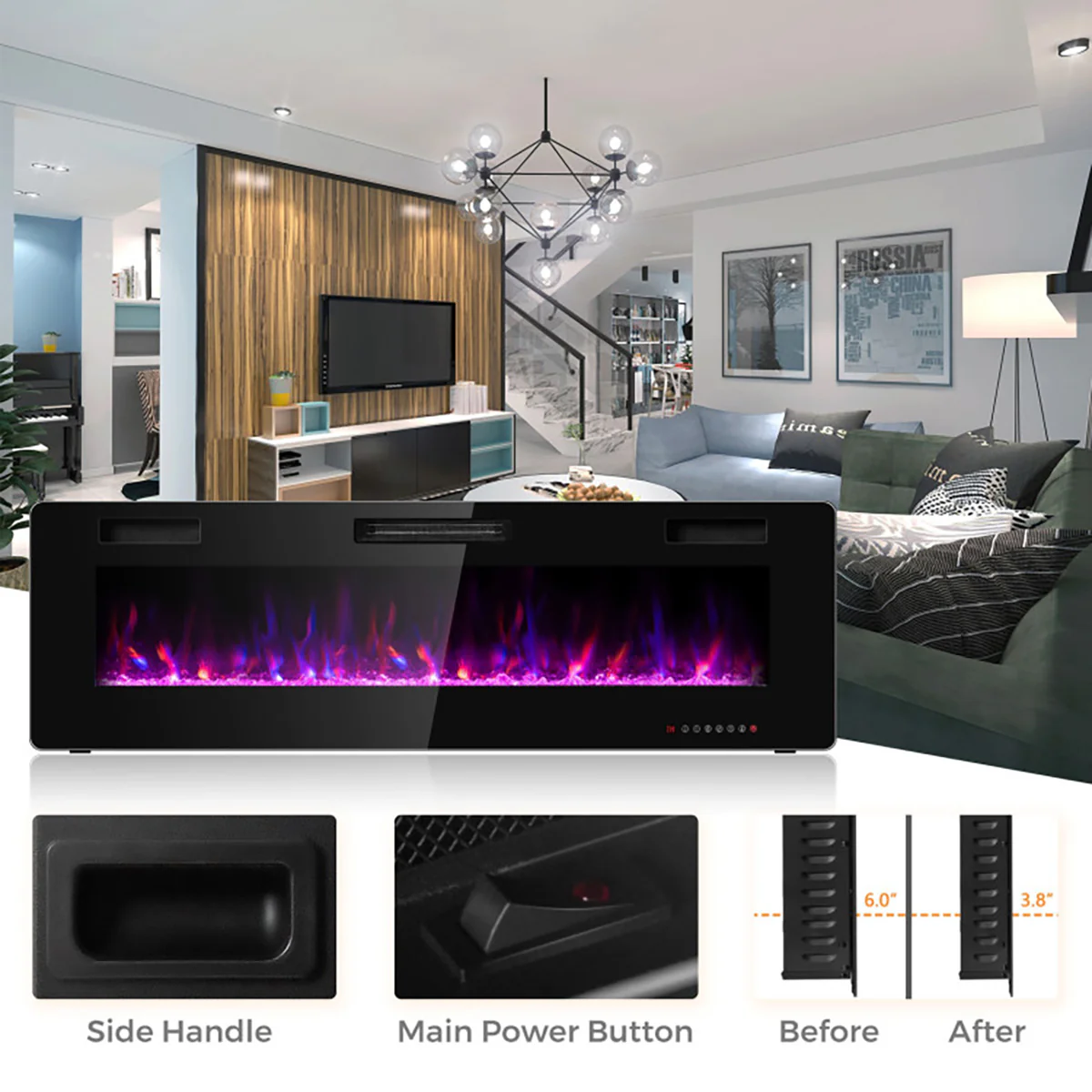 60'' Ultra-Thin Recessed/Wall-Mounted Electric Fireplace - Image 8