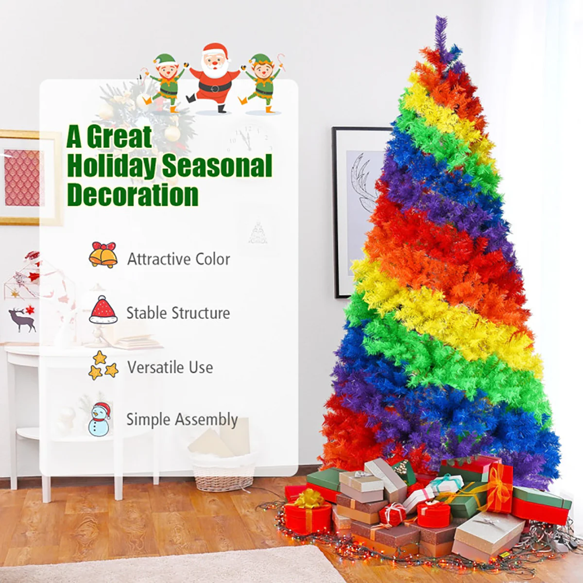 7' Artificial Rainbow Hinged Christmas Tree - Image 4