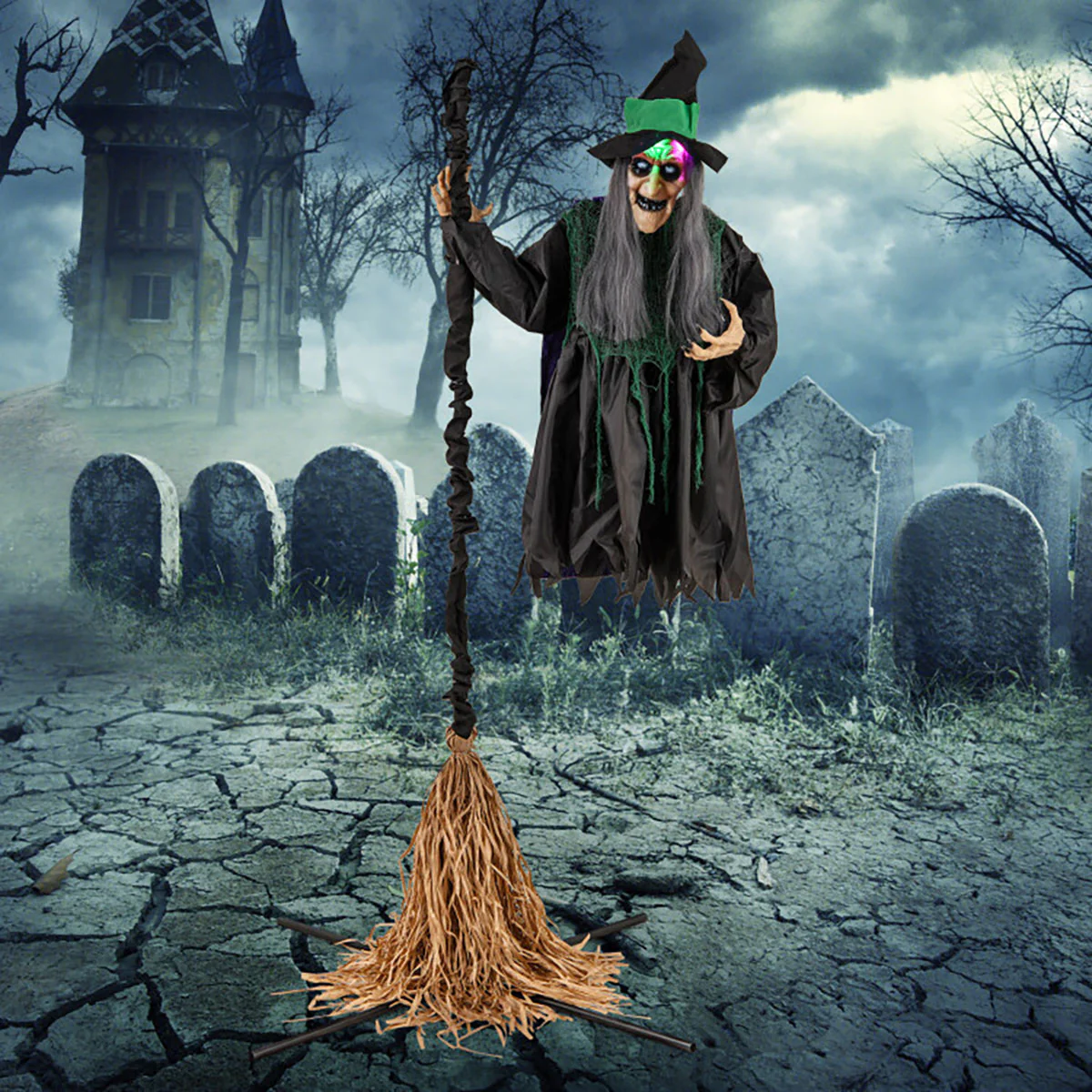 7 Ft. Mechanized LED Witch on Broom - Image 4