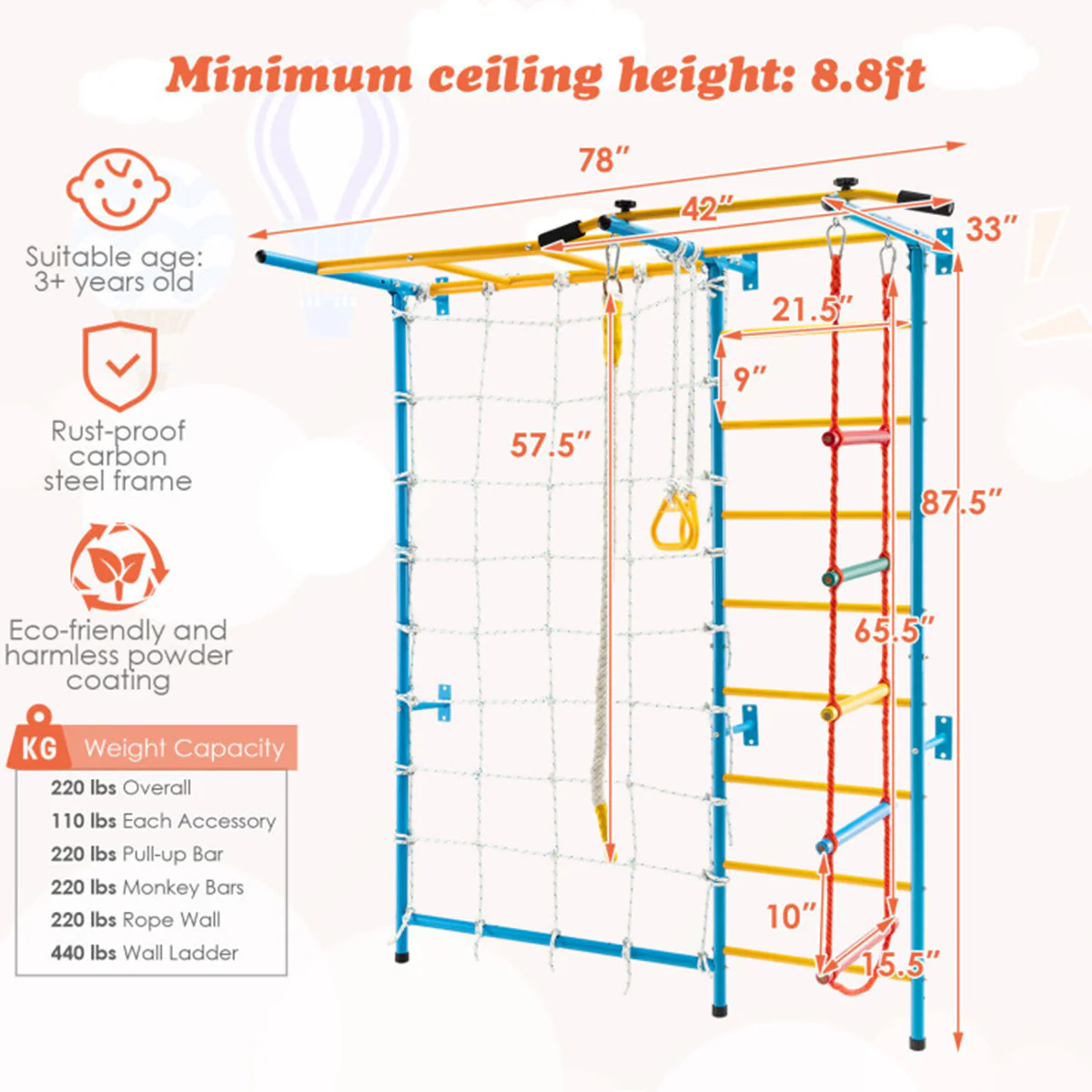 7-in-1 Kids Indoor Swedish Wall Gym Set - Image 4
