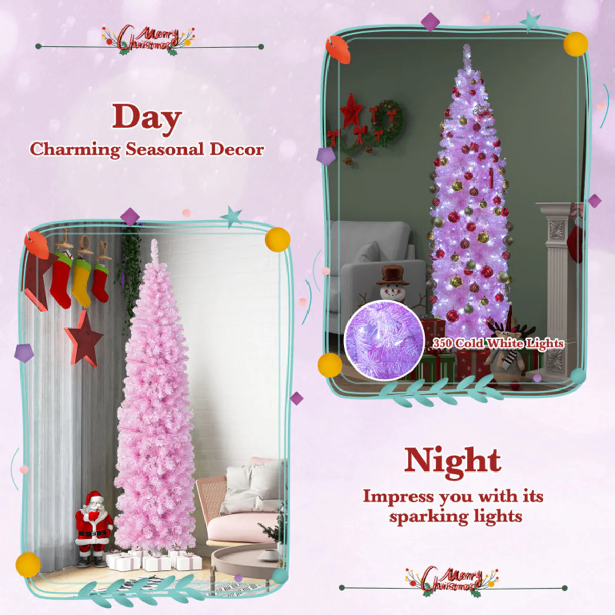 7' Pink Pre-lit Artificial Pencil Christmas Tree - Image 5