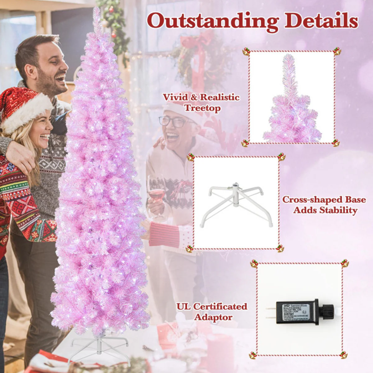7' Pink Pre-lit Artificial Pencil Christmas Tree - Image 8