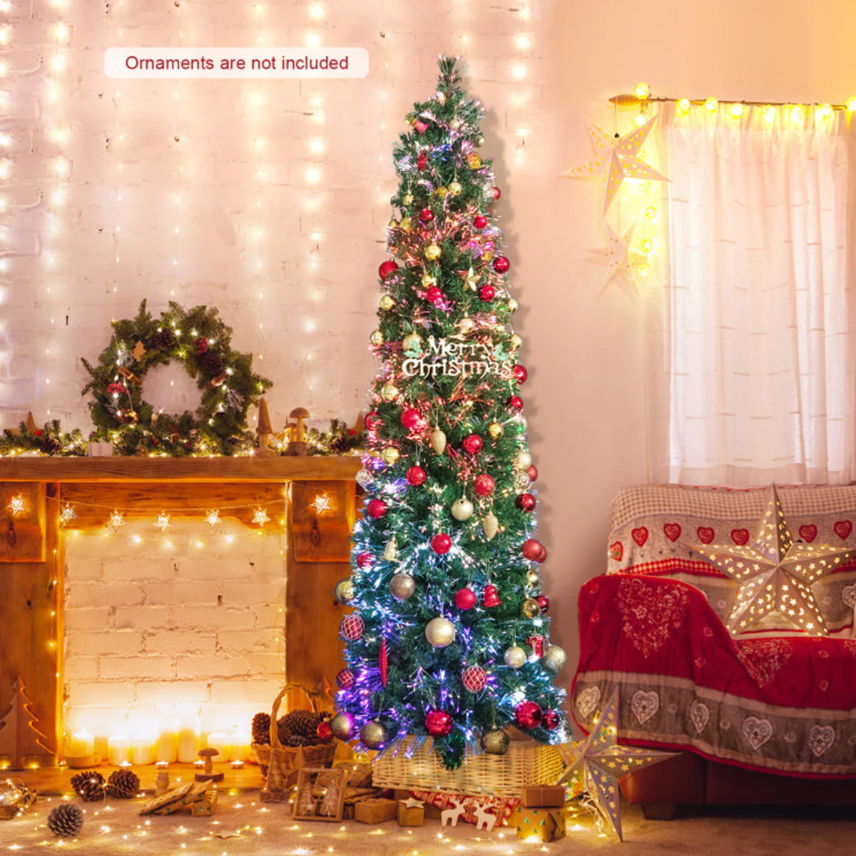 7' Pre-lit Artificial Pencil Christmas Tree with Fiber Optics - Image 4