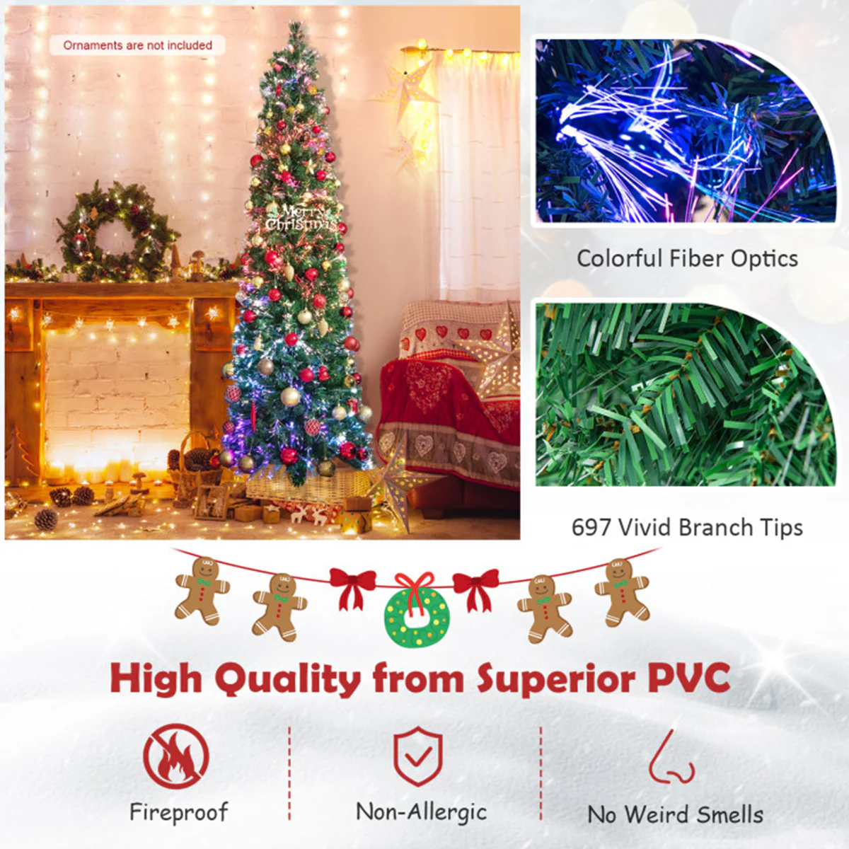 7' Pre-lit Artificial Pencil Christmas Tree with Fiber Optics - Image 5