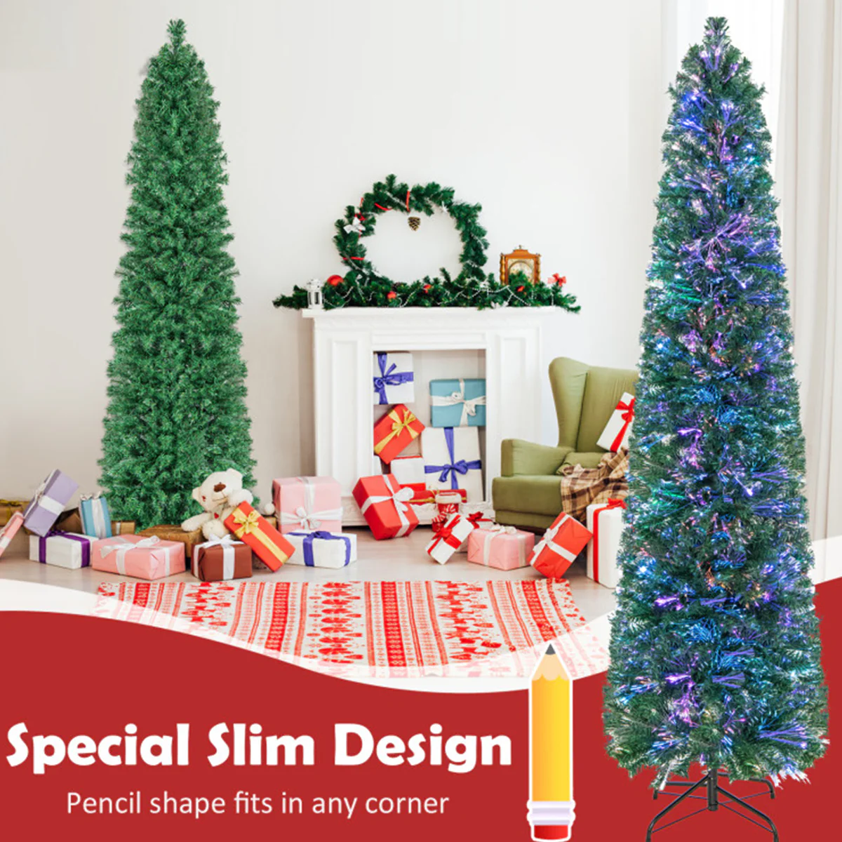 7' Pre-lit Artificial Pencil Christmas Tree with Fiber Optics - Image 6