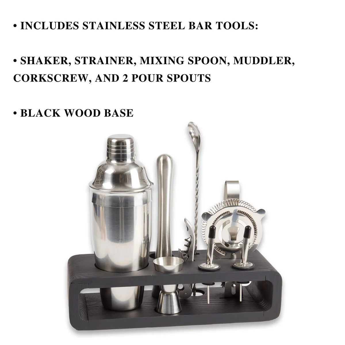 9 Piece Bar Set with Cocktail Shaker Set and Black Wood Base - Image 5