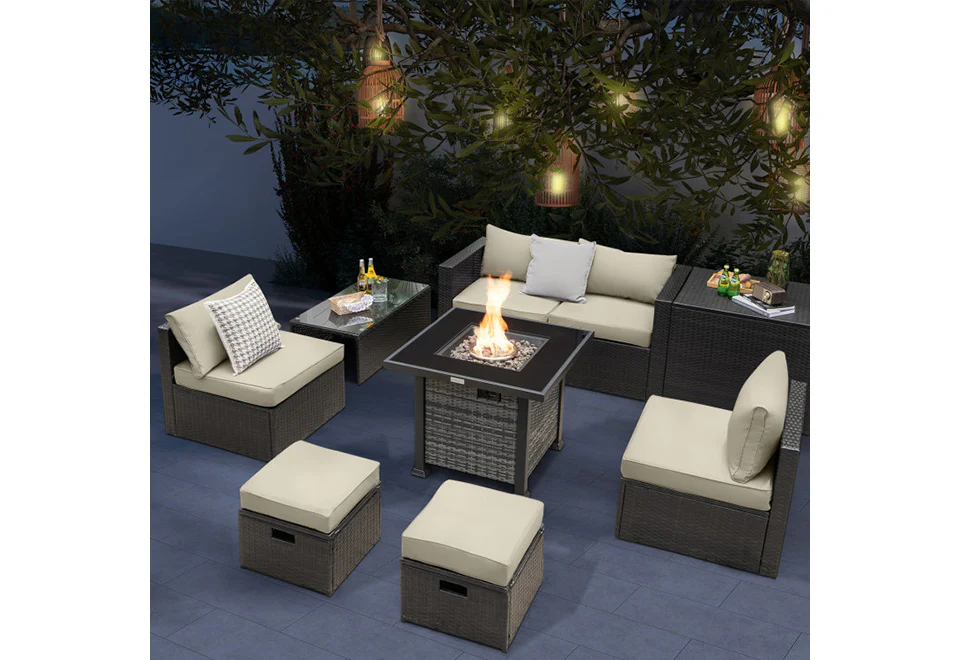 9-Piece Outdoor Furniture Set with Fire Table - Image 2
