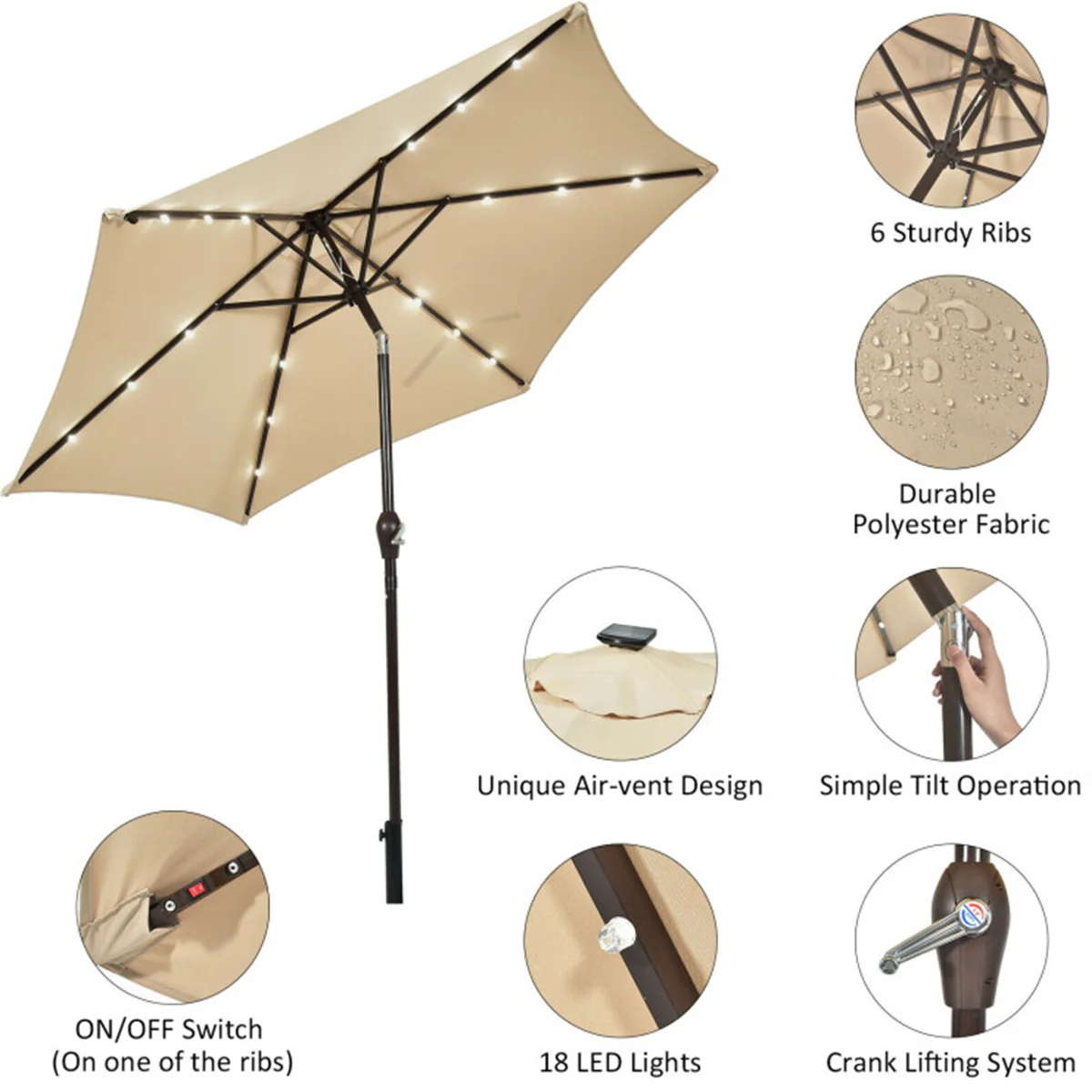 9' Solar LED Lighted Patio Table Umbrella - Image 4