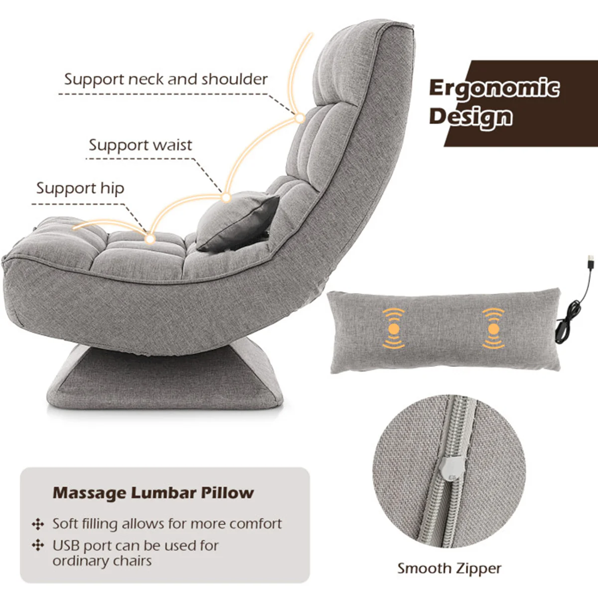 Adjustable 360° Swivel Floor Chair with Massage Pillow - Image 13