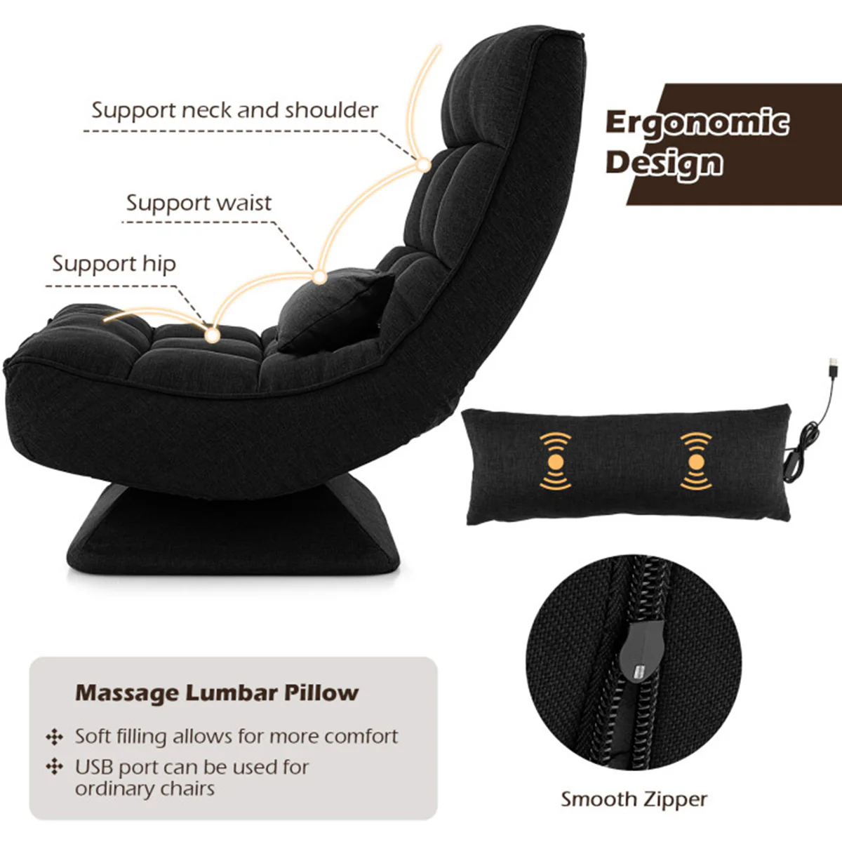 Adjustable 360° Swivel Floor Chair with Massage Pillow - Image 22