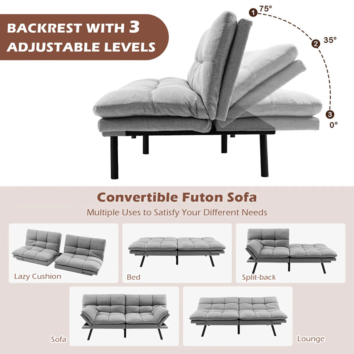 Convertible Memory Foam Futon Sofa Bed - Image 22