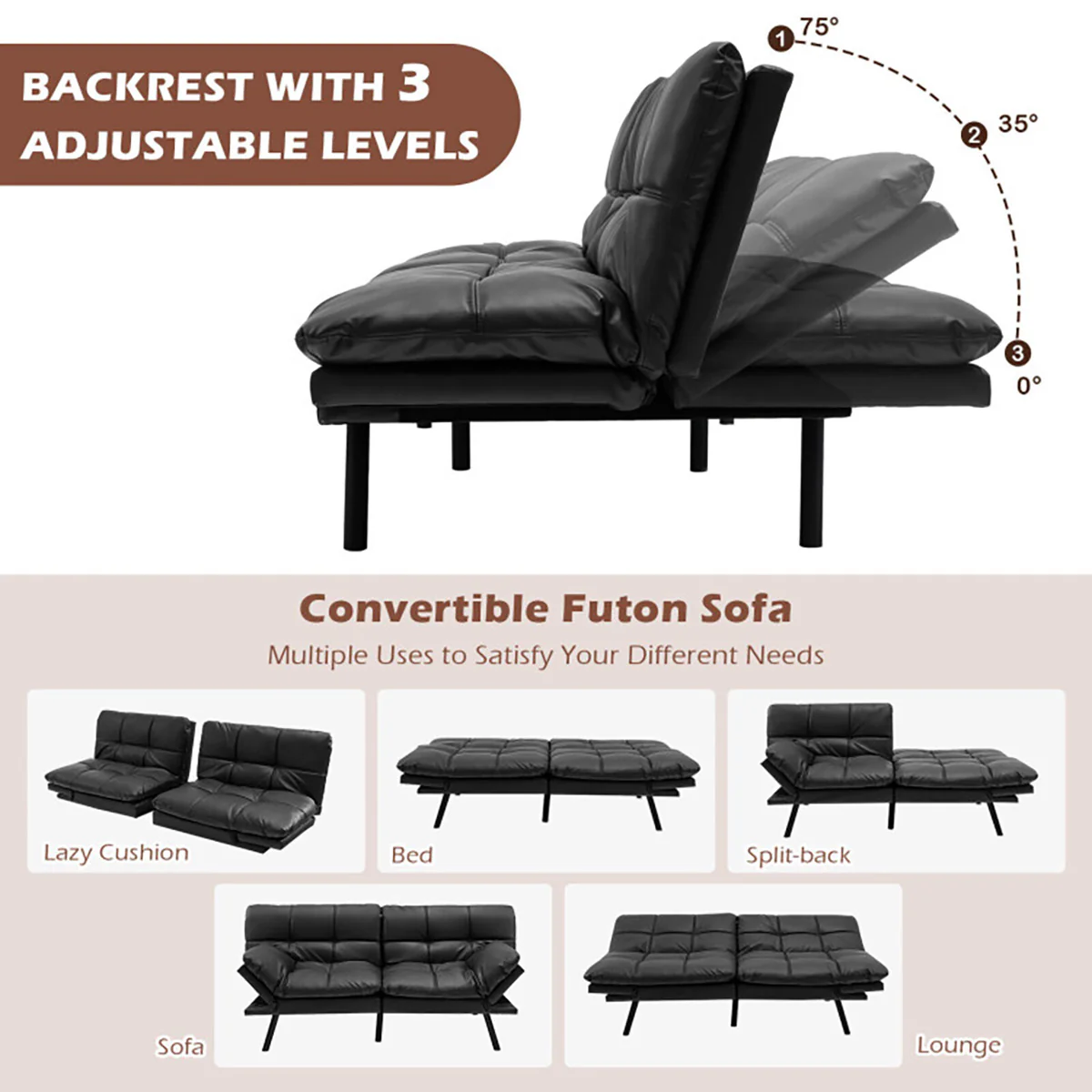 Convertible Memory Foam Futon Sofa Bed - Image 3