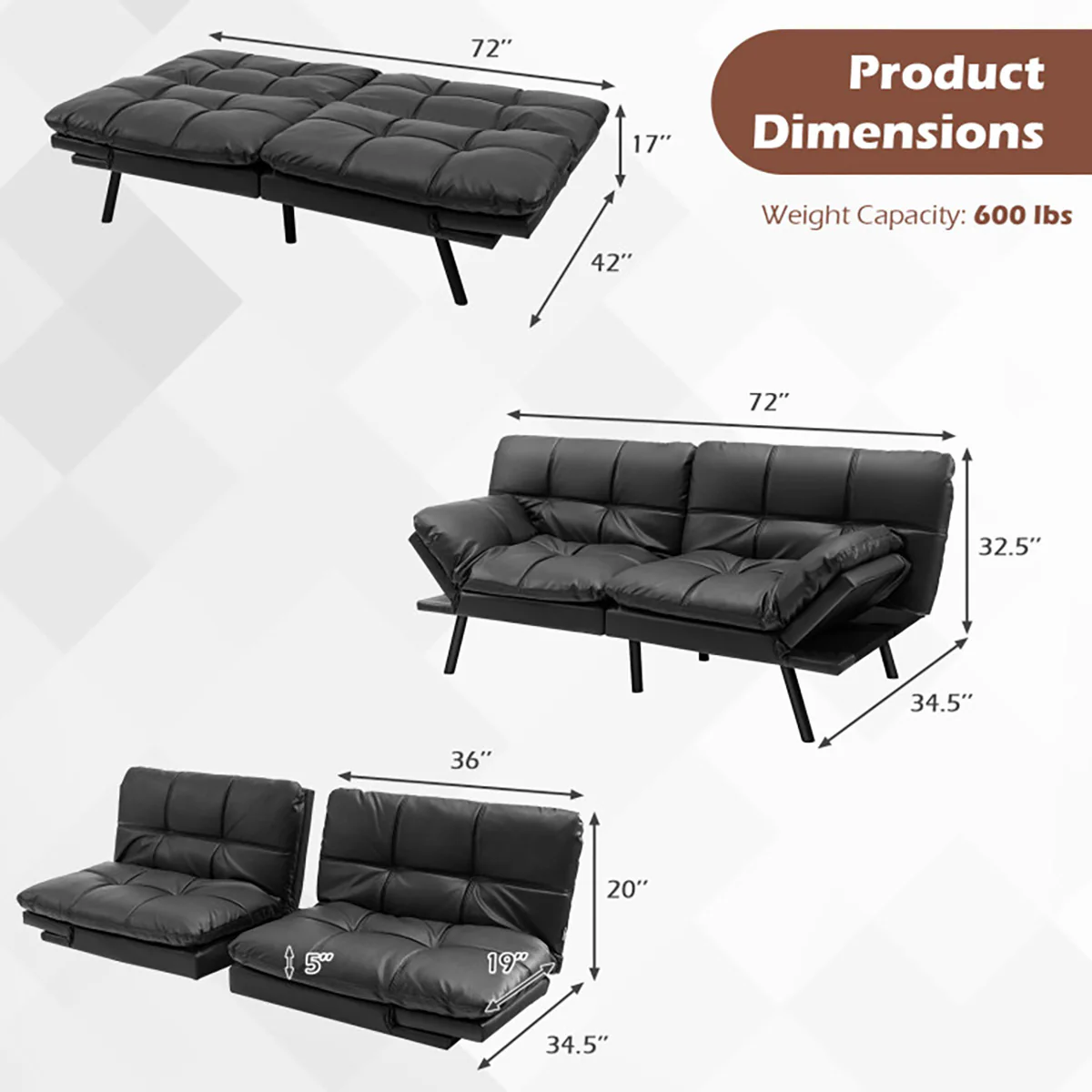 Convertible Memory Foam Futon Sofa Bed - Image 9