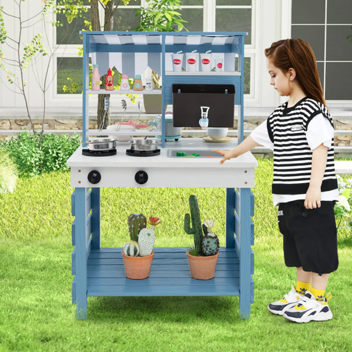 Double-Sided Wooden Play Kitchen and Grocery Stand - Image 10