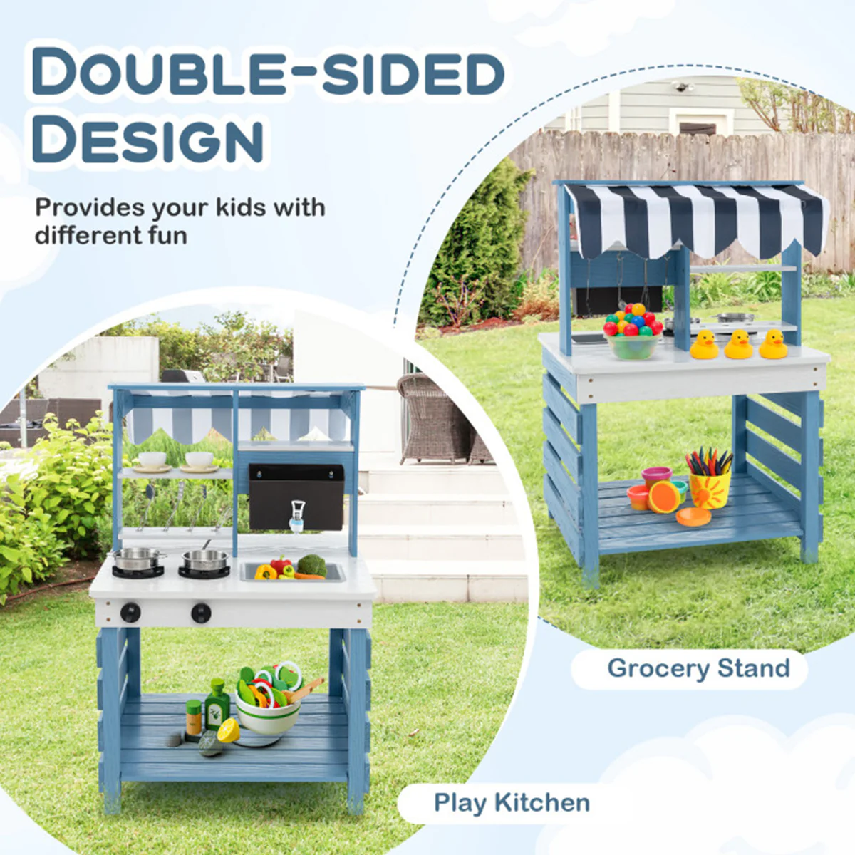Double-Sided Wooden Play Kitchen and Grocery Stand - Image 4
