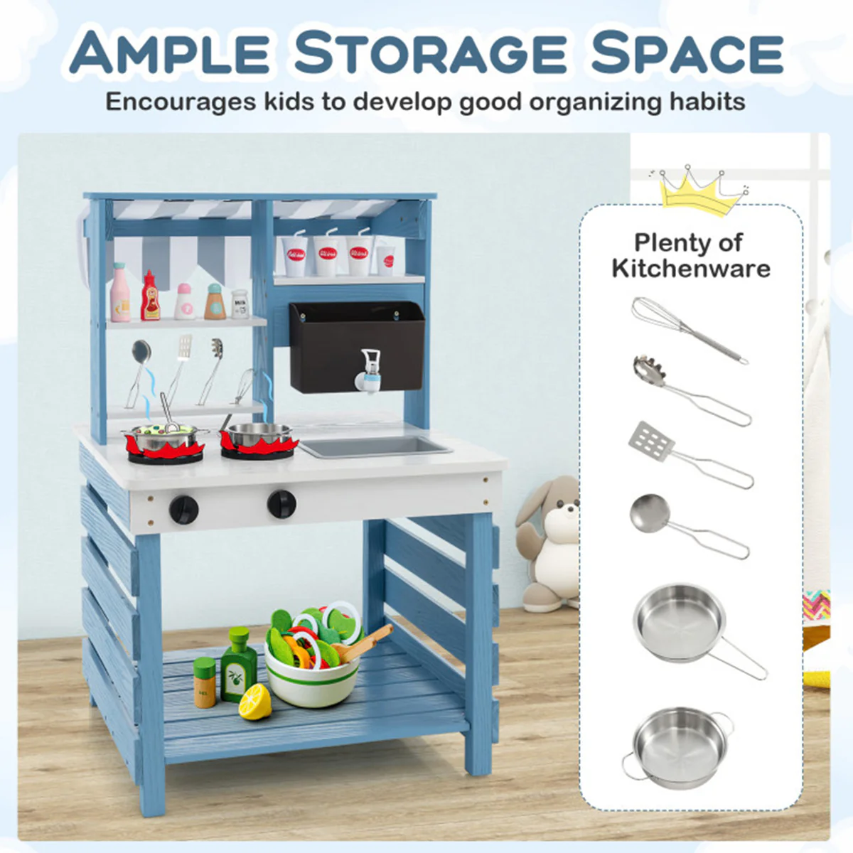 Double-Sided Wooden Play Kitchen and Grocery Stand - Image 6