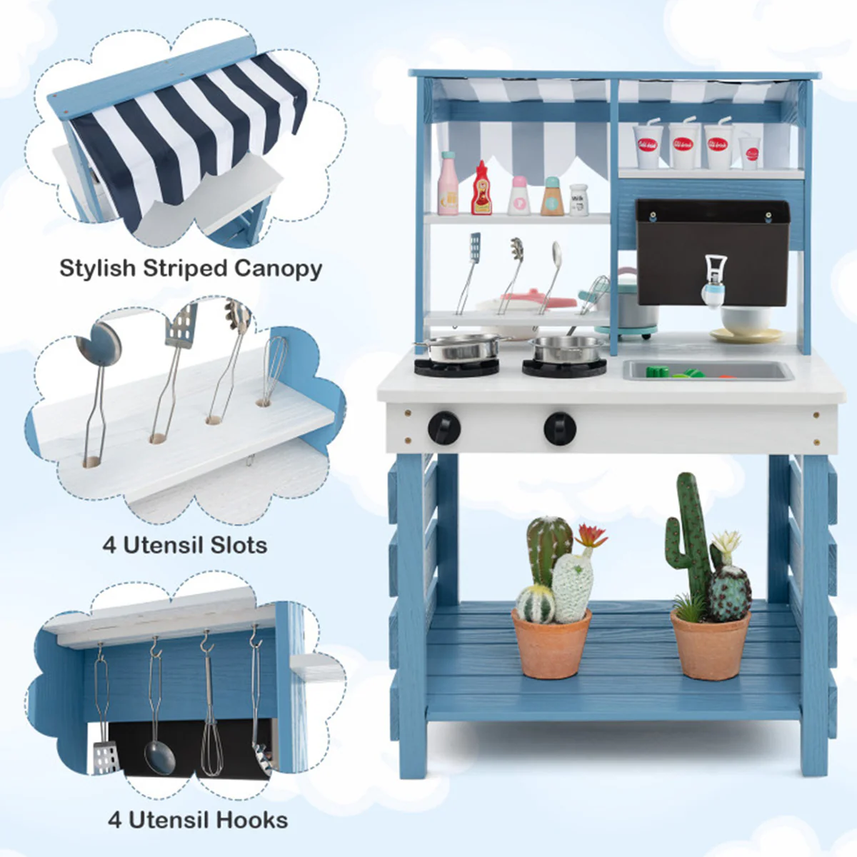 Double-Sided Wooden Play Kitchen and Grocery Stand - Image 8