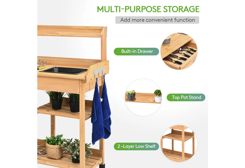 Fir Wood Potting Bench with Sink - Image 5