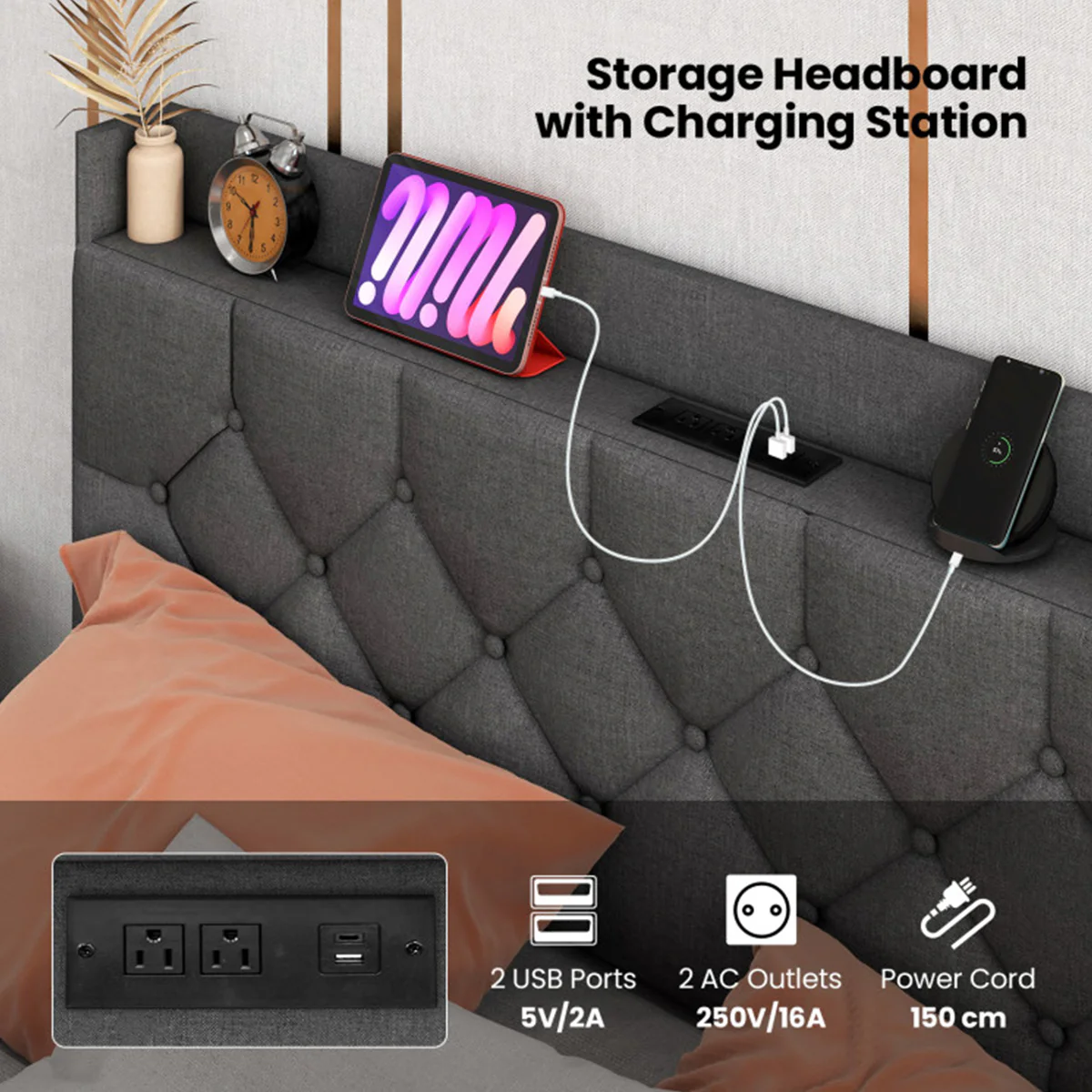 Floating LED Bed Frame with Charging Station - Image 3