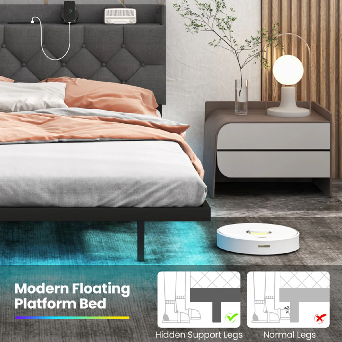 Floating LED Bed Frame with Charging Station - Image 7