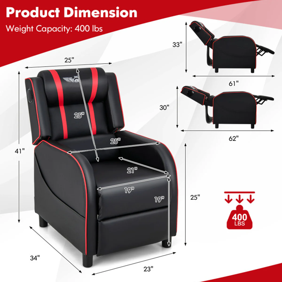 Gaming Massage Recliner Chair with Bluetooth Speakers - Image 19