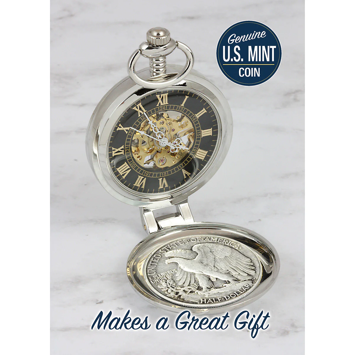 Glass Dome Silver Walking Liberty Half Dollar Pocket Watch - Image 3