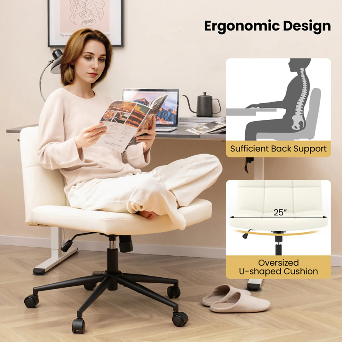 Height-Adjustable Armless Desk Chair with Wheels - Image 4